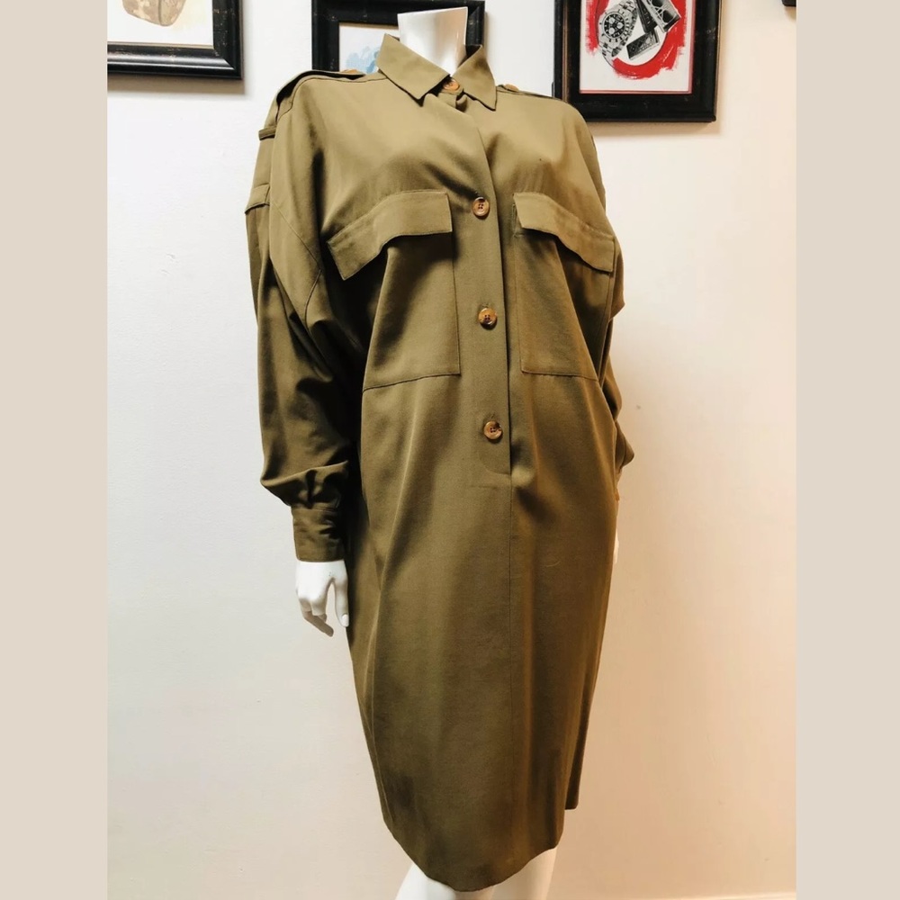 Vintage Ellen Tracy Olive Green L/S Shirt Dress 10 - Picture 9 of 9